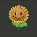 Cartoon Sunflower Plant with Yellow Petals Orange Center and Smiling Face and Green Leaves Design