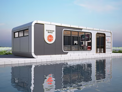 Modern Gray White Medical Service Building With Glass Windows And Water Reflection 3d model