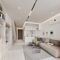 Bright Modern Minimalist Open Dining And Living Room With Cozy Sofas And Storage Cabinets