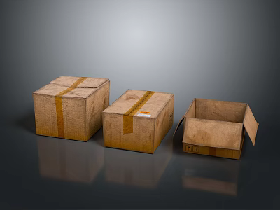 Three Brown Cardboard Storage Boxes Two Closed One Open With Yellow Tape 3d model