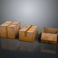 Three Brown Cardboard Storage Boxes Two Closed One Open With Yellow Tape 3d model