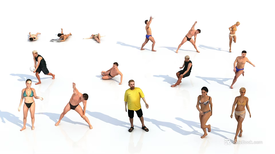 Multiple People In Different Poses Doing Stretching Exercises In Open Area 3d model
