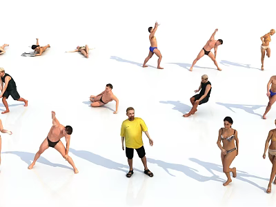 Multiple People In Different Poses Doing Stretching Exercises In Open Area 3d model