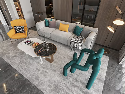 Modern Gray Sofa And Marble Top Coffee Table Set With Colorful Pillows And Accent Chairs 3d model