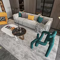 Modern Gray Sofa And Marble Top Coffee Table Set With Colorful Pillows And Accent Chairs