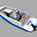 Small White Blue Yacht With Console Seats And Outboard Motor