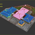 Traditional Chinese Courtyard Building Complex 3D Model With Red Roofs And Central Courtyard