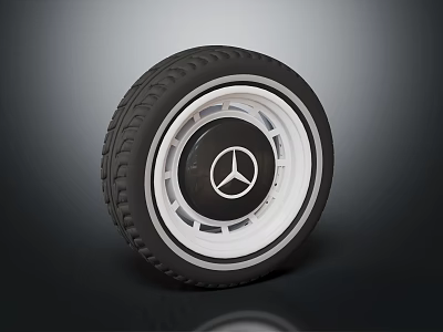 Stylish Car Tire Featuring Mercedes Logo And White Black Rim Design 3d model