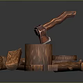 Wooden Axe Stuck In Wooden Stump With Stacked Logs And Firewood Pieces