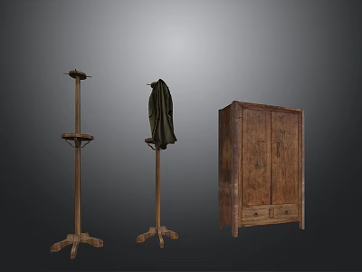 Antique Wooden Wardrobe With Carved Details And Vintage Coat Stands In Neutral Background 3d model