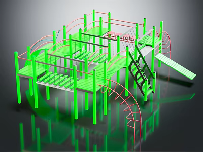 Green Playground Equipment With Multiple Platforms Slides And Climbing Structures 3d model