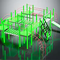 Green Playground Equipment With Multiple Platforms Slides And Climbing Structures
