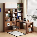 Modern Wooden Desk Setup with Bookshelf Books Photos Laptop Lamp Potted Plant and Chair