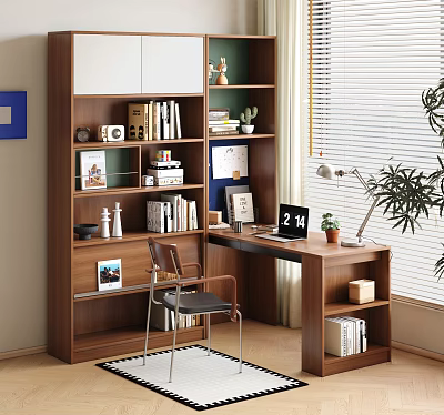 Modern Wooden Desk Setup with Bookshelf Books Photos Laptop Lamp Potted Plant and Chair 3d model