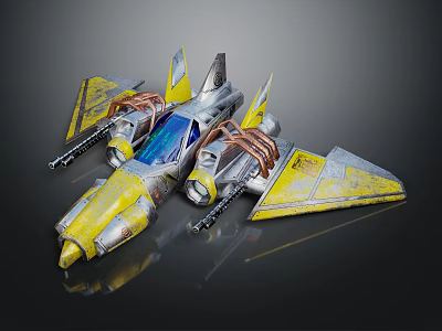 Futuristic Yellow And Silver Aircraft Model With Mechanical Wings And Details 3d model