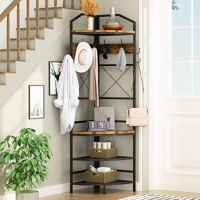 Multifunctional Clothes Rack With Wooden Shelves Metal Frame Hanging Hats Scarves And Bags 3d model