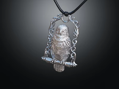 Silver Owl Pendant Necklace With Ornate Filigree Design And Black Cord 3d model