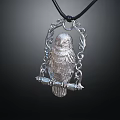 Silver Owl Pendant Necklace With Ornate Filigree Design And Black Cord