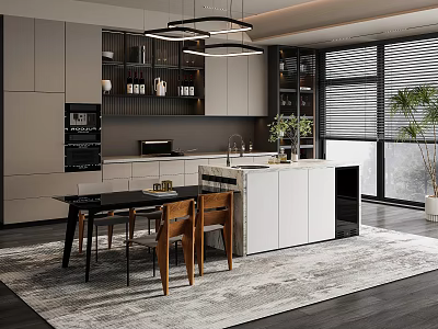 Elegant Modern Restaurant Kitchen Interior With Open Design Island Counter Cabinets And Pendant Lights 3d model