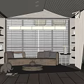 Modern Living Room Interior Design With Beige Sofa Round Coffee Table And Large Windows