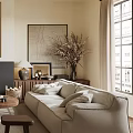 Cozy Living Room Interior With Beige Sofa Fireplace Armchairs And Wooden Bookshelf