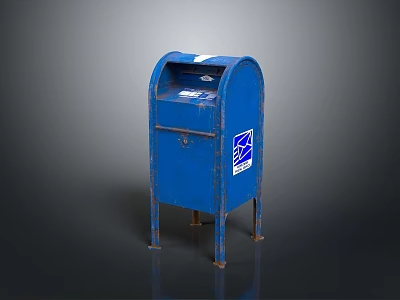 Blue Metal Mailbox With USPS Logo Mail Slot Standing On Reflective Ground Surface 3d model