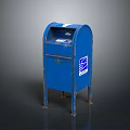 Blue Metal Mailbox With USPS Logo Mail Slot Standing On Reflective Ground Surface