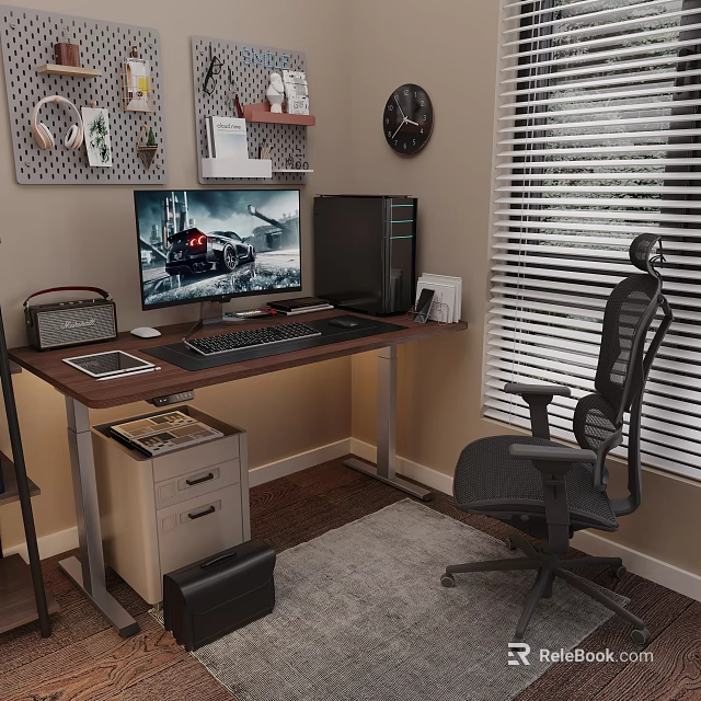 Modern Office Desk Setup With Computer Monitor PC Tower Keyboard Ergonomic Chair And Wall Clock 3d model 
