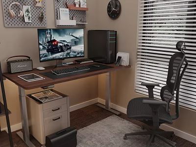 Modern Office Desk Setup With Computer Monitor PC Tower Keyboard Ergonomic Chair And Wall Clock 3d model