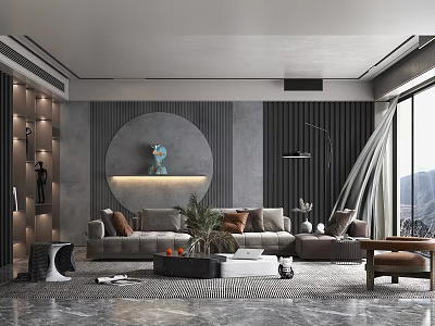 Modern Living Room Sofa And Coffee Table Set With Circular Wall Art And Potted Plant 3d model