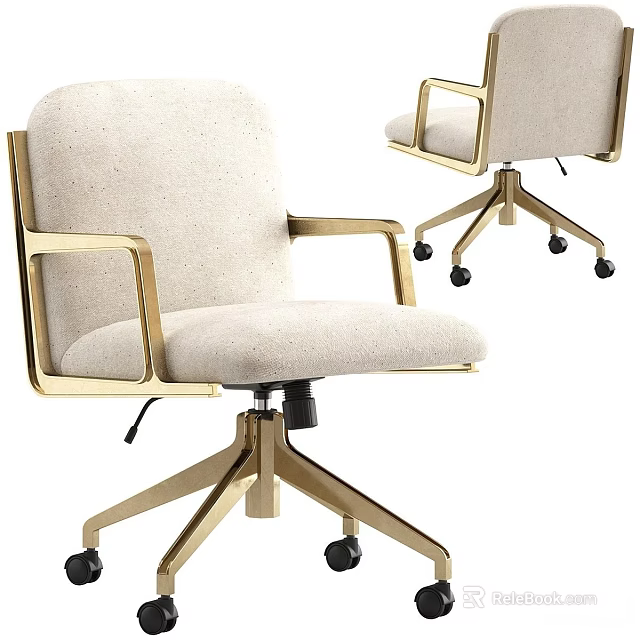 Modern Light Colored Upholstered Office Chair With Golden Armrests Base And Rolling Wheels 3d model 