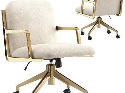 Modern Light Colored Upholstered Office Chair With Golden Armrests Base And Rolling Wheels 3d model