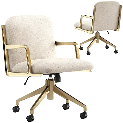 Modern Light Colored Upholstered Office Chair With Golden Armrests Base And Rolling Wheels 3d model