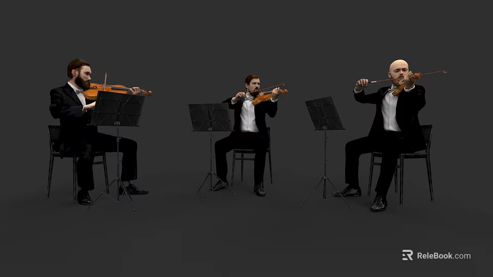 Men In Suits Playing Violins With Music Stands On Gray Background 3d model 