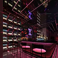 Modern Bar Interior With Colorful Neon Lights LED Screen And Comfortable Orange Seating