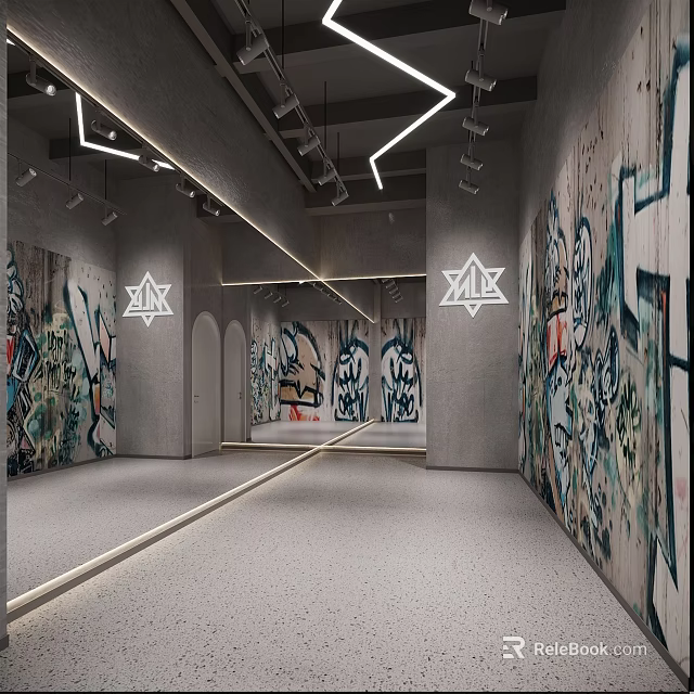 Modern Fitness Workout Space Featuring Graffiti Walls LED Strip Lights And Gray Flooring 3d model 
