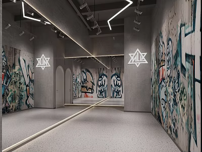 Modern Fitness Workout Space Featuring Graffiti Walls LED Strip Lights And Gray Flooring 3d model