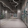 Modern Fitness Workout Space Featuring Graffiti Walls LED Strip Lights And Gray Flooring