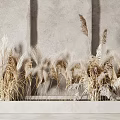 Natural Dried Pampas Flowers And Grass In Rectangular Concrete Planter Against Gray Wall
