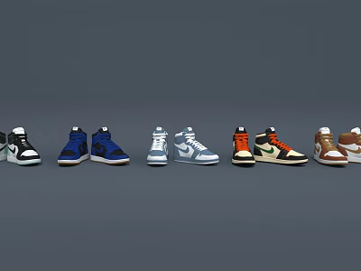 Colorful Sneakers In Various Styles Arranged In A Row On Gray Background 3d model