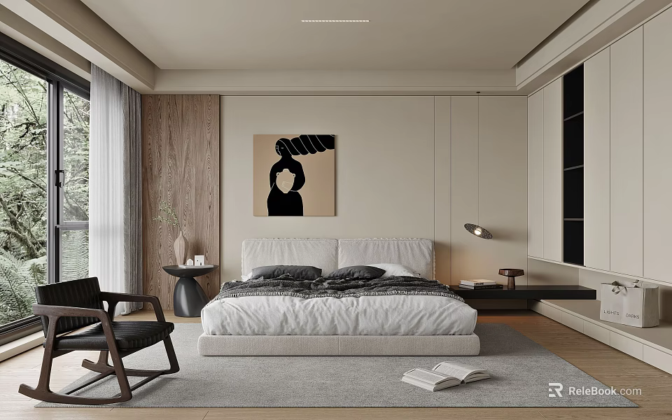 Modern Bedroom Interior With Wooden Accent Wall Abstract Painting Armchair And Area Rug 3d model 