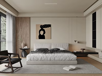 Modern Bedroom Interior With Wooden Accent Wall Abstract Painting Armchair And Area Rug 3d model