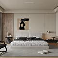 Modern Bedroom Interior With Wooden Accent Wall Abstract Painting Armchair And Area Rug