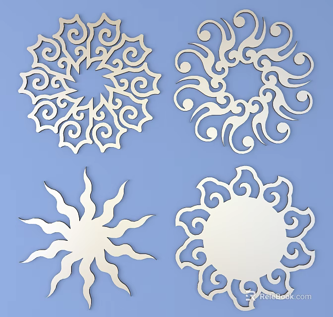 White Laser Cut Wall Decor with Various Intricate Floral and Sun Pattern Designs 3d model 