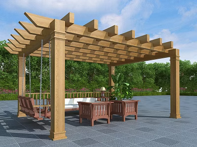 Wooden Pergola with Swing Bench and Side Tables Under Blue Sky Surrounded by Greenery 3d model