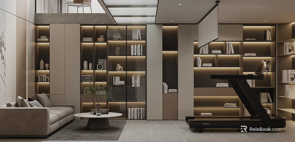 Modern Basement Interior With Built In Shelves And Lighting 3d model 