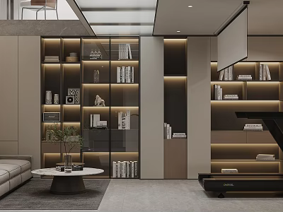 Modern Basement Interior With Built In Shelves And Lighting 3d model
