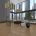 Modern Hotel Public Lounge Interior With Large Windows City Views And Hanging Chandeliers