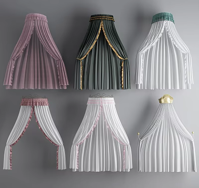 Elegant Bed Canopy Collection in Pink Green White with Ruffled Edges for Bedroom Decor 3d model
