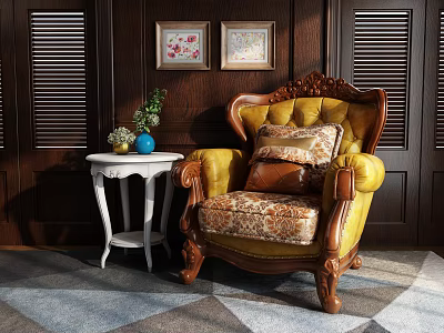 Vintage Yellow Single Sofa With Wooden Frame Floral Cushions Side Table Wall Art Geometric Rug 3d model